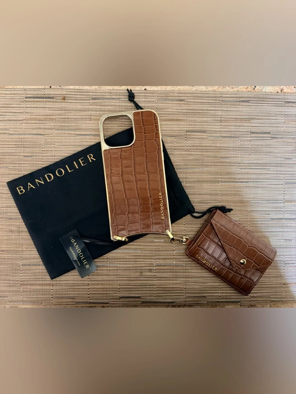 Bandolier Brown Croc Leather Crossbody Phone Case Set with Card Holder & Strap
